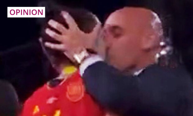Jenni Hermoso kissed by Spanish football chief Luis Rubiales after World Cup triumph. Image: BBC Sport.