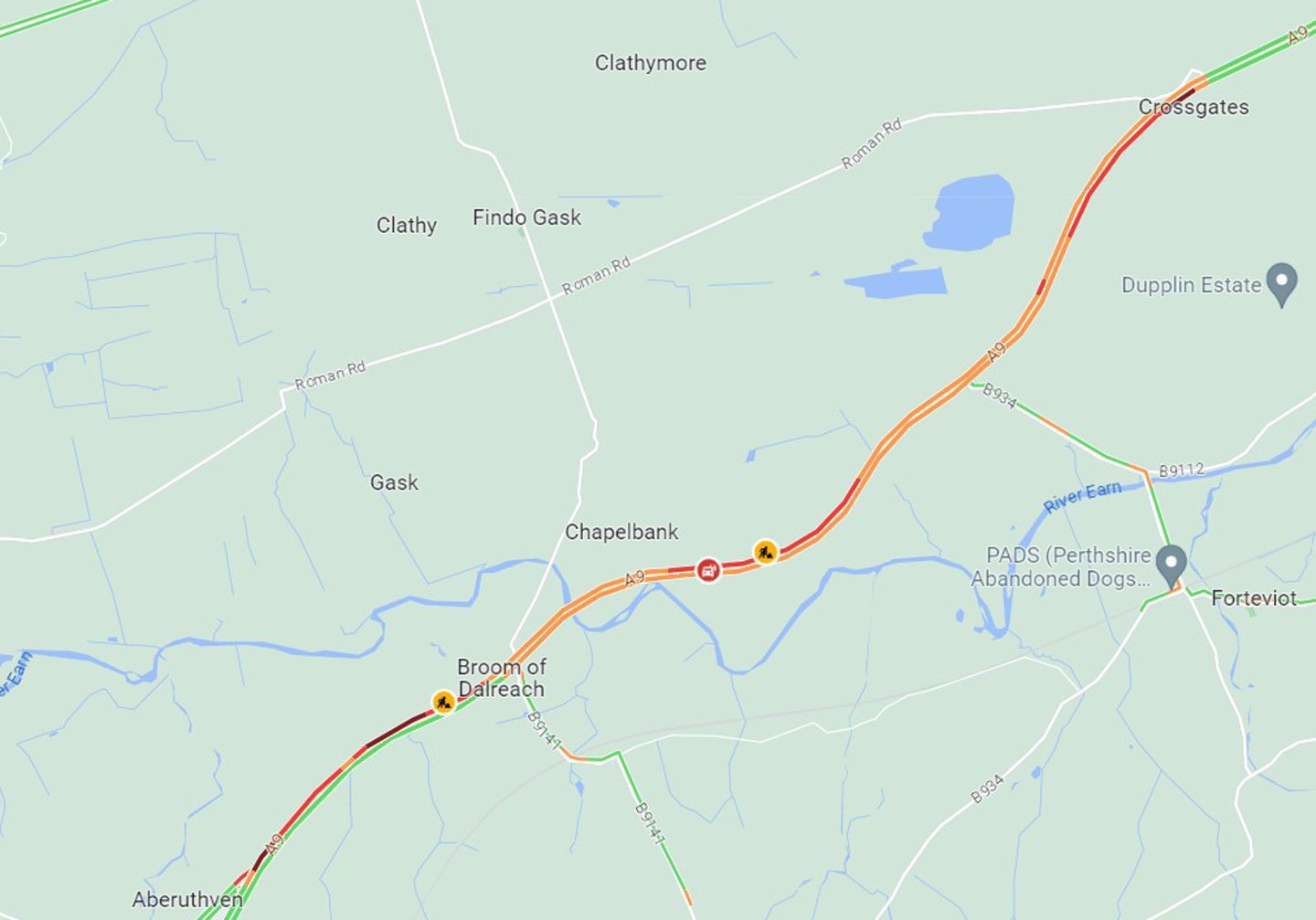 Google Maps image of delays on A9 between Aberuthven and Crossgates. 