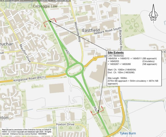 Map of stretch of A92 at Bankhead roundabout in Glenrothes where roadworks will take place