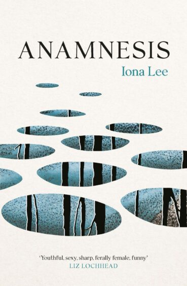 Picture shows the front cover of Anamnesis by Iona Lee. The cover is mainly white punctuated by spots which give glimpses through to a picture of bare tree trunks and water.