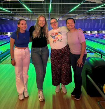 From left, Charlotte Cairney, Harriet Clyde, Claire McPhillimy and Billy Jane Ramos enjoying a staff night out at Tenpin Dundee.