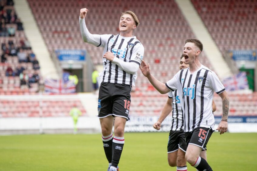 Paul Allan jumps in the air with delight after scoring the match-winning goal for Dunfermline against Airdrie in August. Image: Craig Brown / DAFC.