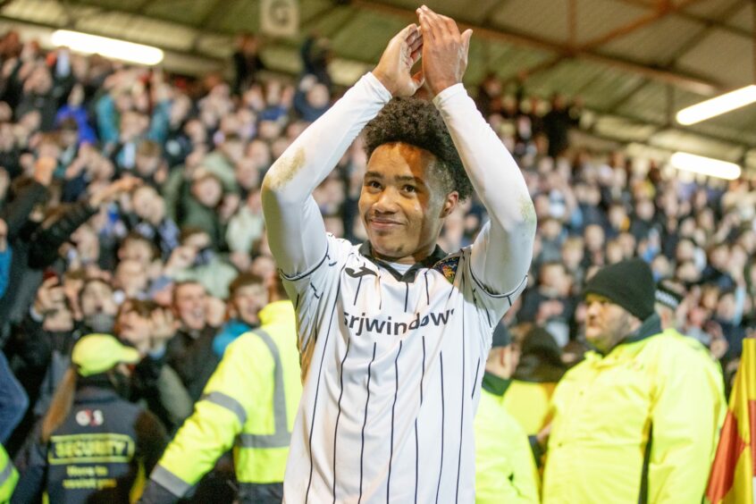 Kane Ritchie-Hosler claps the Dunfermline fans during his loan spell from Rangers last season. Image: Craig Brown / DAFC.