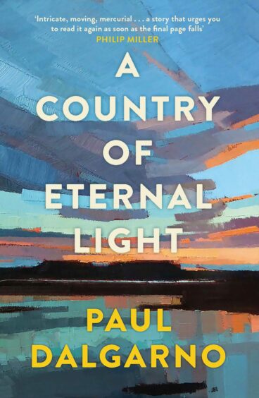 Picture shows the cover of A Country of Eternal Light by Paul Dalgarno. The illustration is a painted sunset reflected in water.