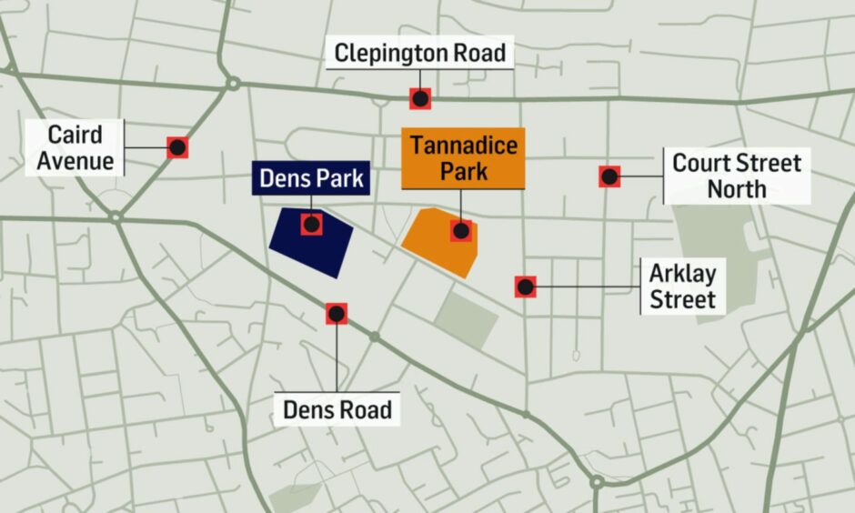 A map showing the streets affected by the Dens Park and Tannadice parking restrictions. 
