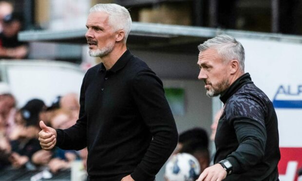 Jim Goodwin, left, and Dundee United assistant Lee Sharp.