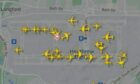 Planes are backed up on the ground at Heathrow. Image: Flightradar