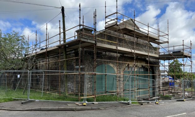 The old Newtyle station is clothed in scaffolding. Image: Graham Brown/DC Thomson