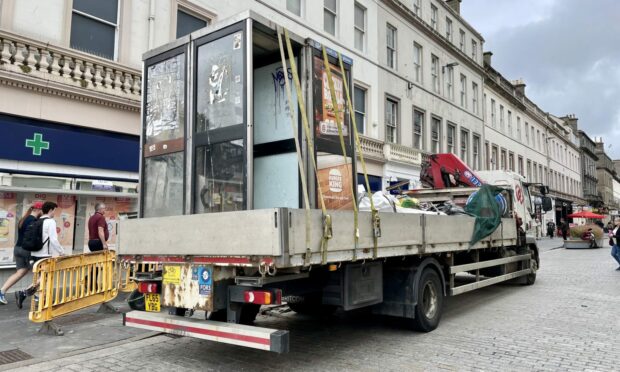 Phone boxes on the back of a lorry on Reform Street in Dundee. Image: Gemma Bibby/DC Thomson