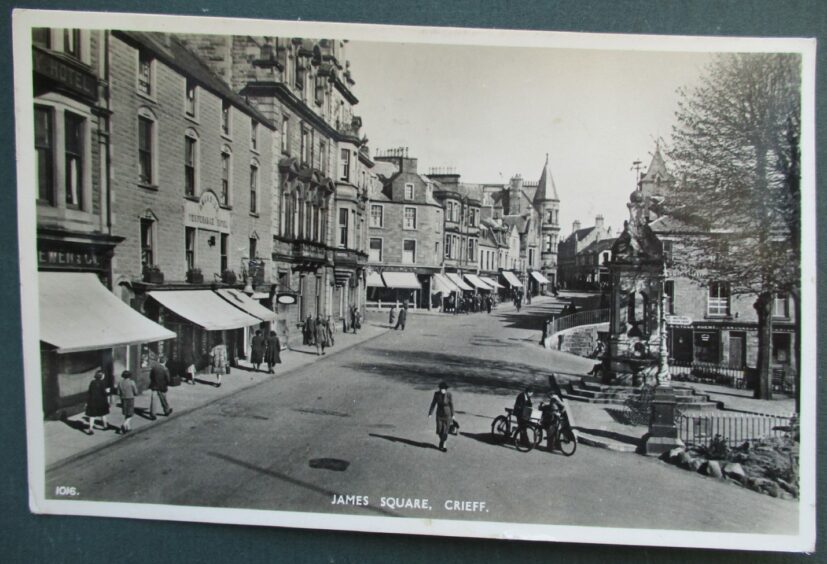 Black and white postcard showing James Square Crieff in 1955.