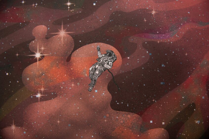 Image shows detail of a piece of space-themed artwork. A spaceman in white suit is floating through dark red clouds and stars.