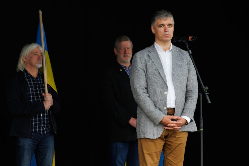 Ukraine's ambassador to Britain Vadym Prystaiko on stage in Perth.