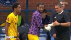 Former Dundee striker Kwame Thomas goes in goal for Aldershot. Image: TNT Sports.