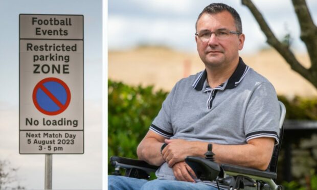 Mark Forrester in his wheelchair and a sign warning of the Dundee football parking restrictions
