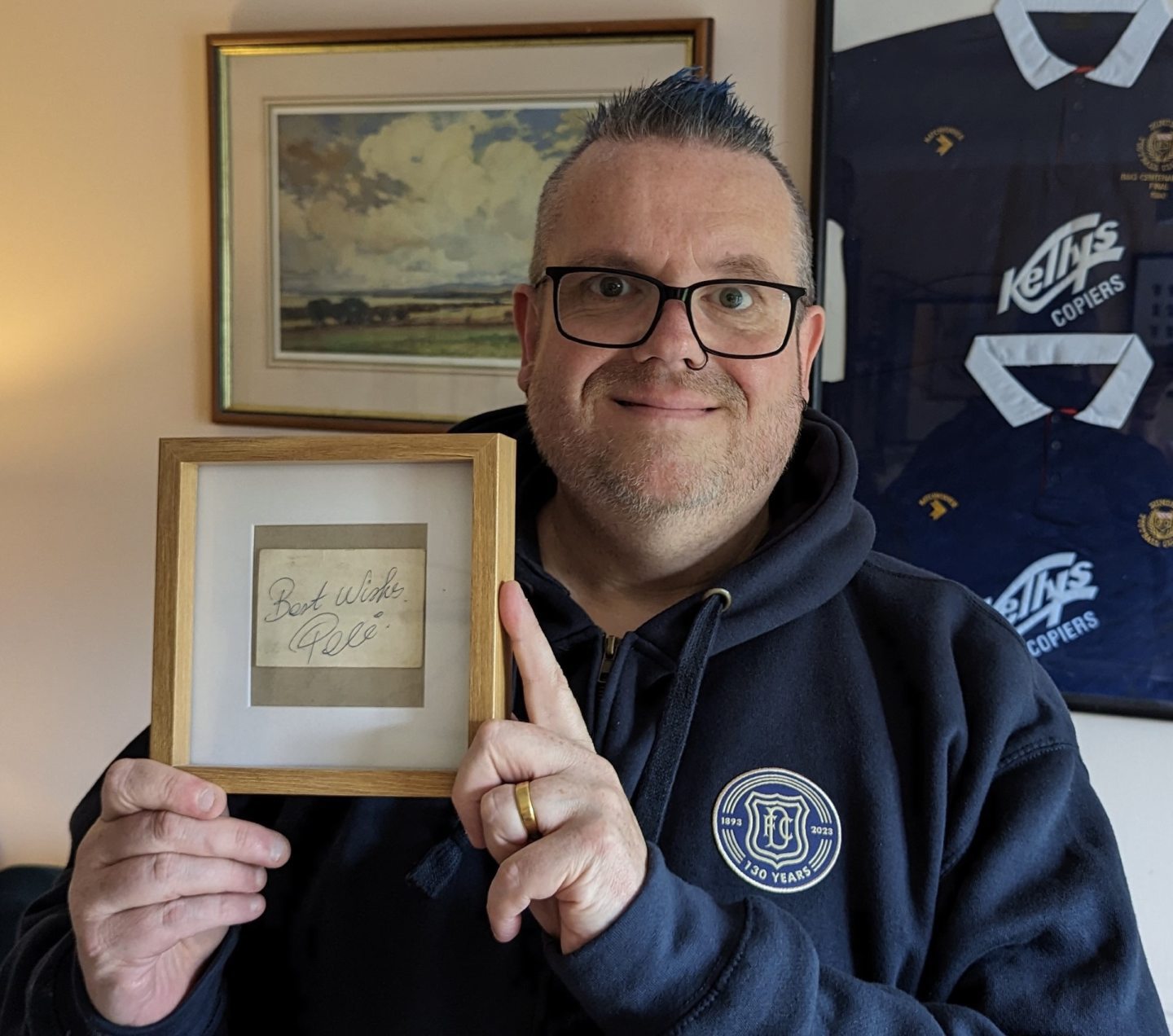 Jim Gellatly with signed business card from Pelé