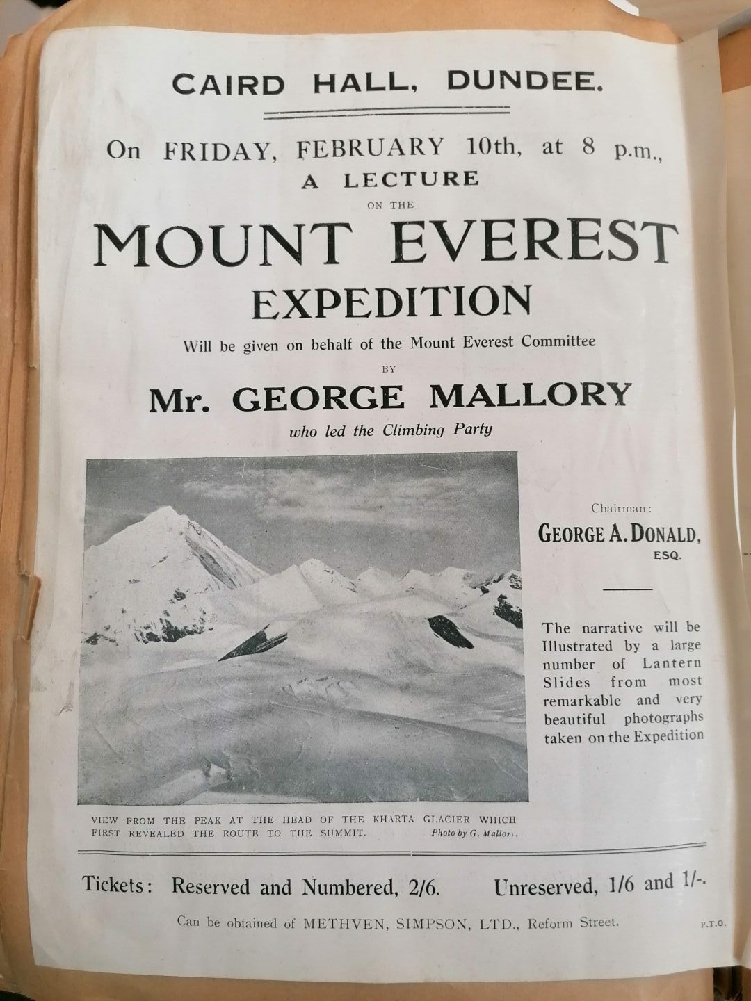 A poster from Mallory's talk in Dundee, February 1922, following Everest reconnaissance. Image: RSGS.