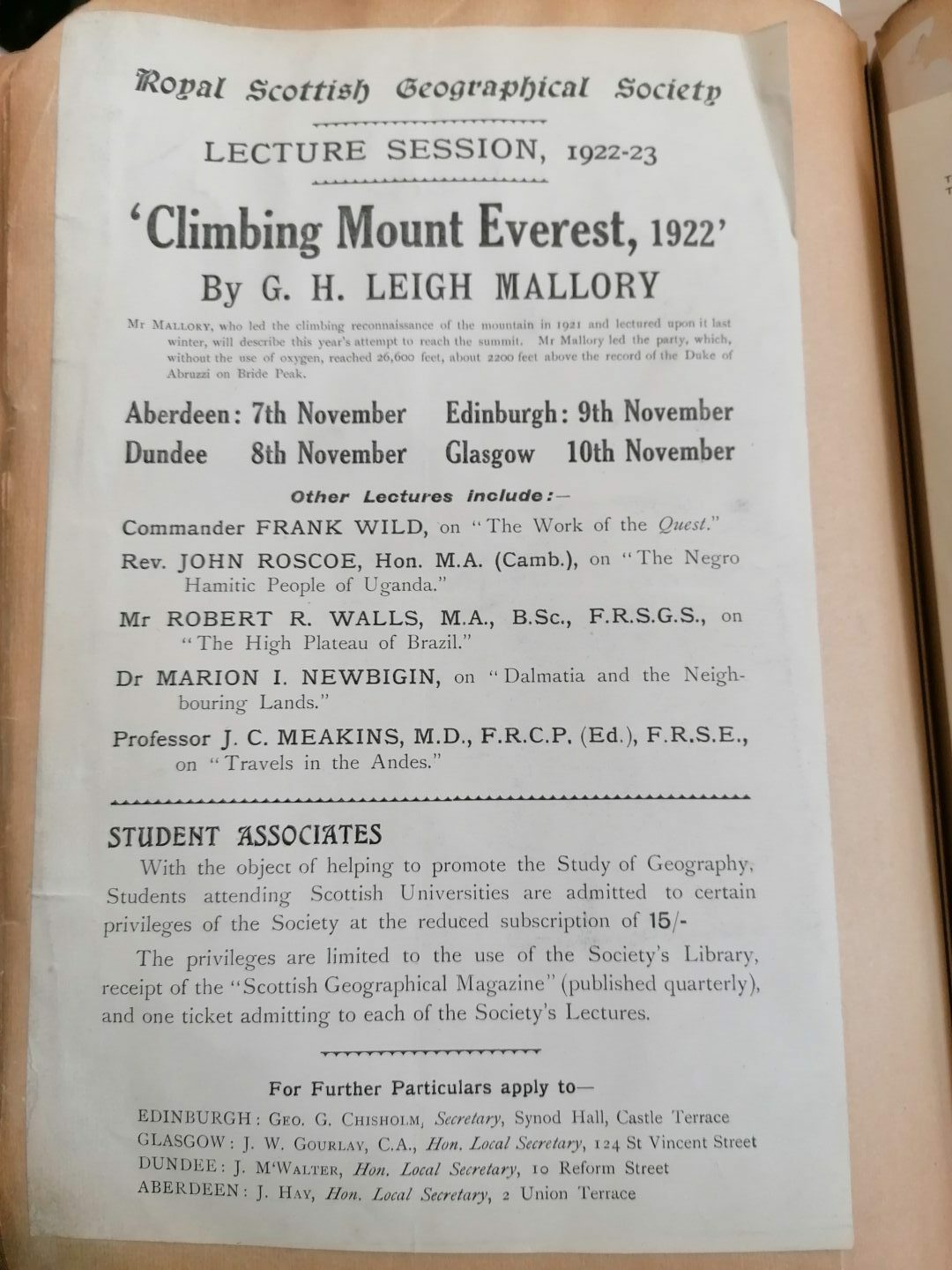 A poster from Mallory's talk in November 1922 following the first ascent on the summit. Image: RSGS.