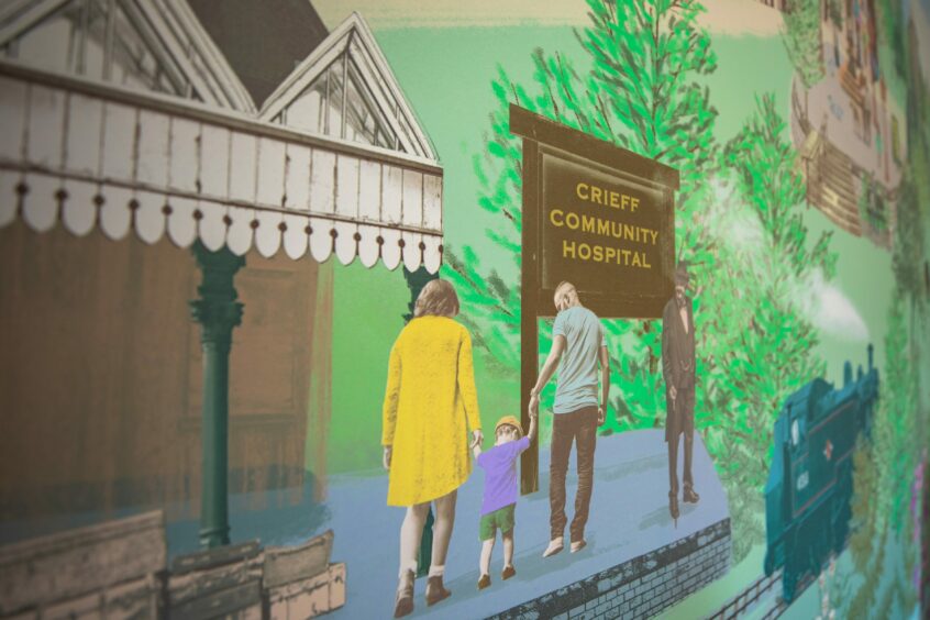 Close-up of Crieff Hospital mural showing family in modern dress on Crieff station platform, along with a man in old fashioned clothes.