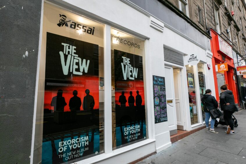 Posters of The View's new album Exorcism of Youth on Assai Records window.