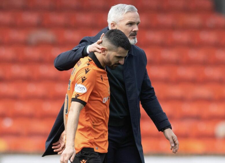 Aziz Behich and Dundee United manager Jim Goodwin