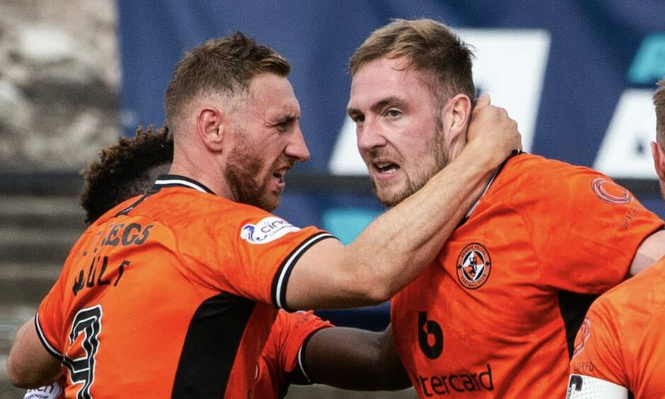 Louis Moult, left, celebrates with fellow Dundee United scorer Kevin Holt