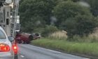 image of the car which overturned on A915 Standing Stane Rd near Kirkcaldy.