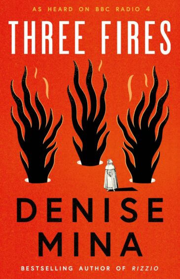 Image shows Three Fires by Denise Mina. The book cover is red with illustrations of three fires and a small lone figure in white.