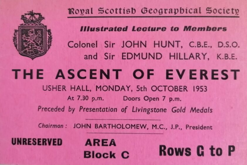 A ticket from Hillary's talk on the ascent on Everest in Edinburgh, 1953. Image: RSGS.