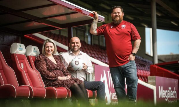 Barry Valentine (centre) has taken over from Shelley McCarthy as chair of Arbroath FC Community Trust and will work with Ryan Beattie. Image; Mhairi Edwards / DCT Media.