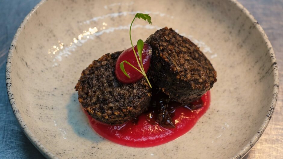The black pudding starter with morcilla black pudding, Spanish black pudding, caramelised onion and Pink Lady apple.
