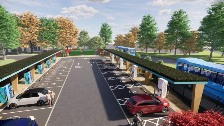Image of the projected electric vehicle charging stations off the Myrekirk Roundabout in Dundee.