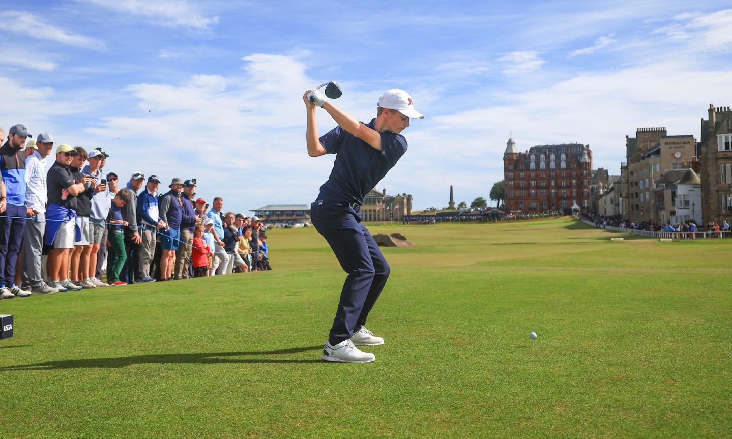 Connor Graham tees off on the Old Course during last year's Walker Cup. Image: David Young/Action Plus/Shutterstock