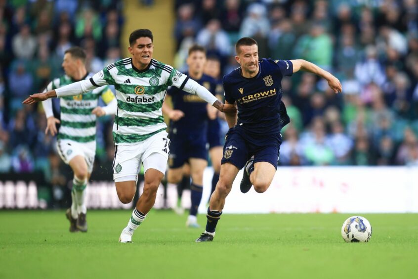 Celtic's Luis Palma challenges Cammy Kerr of Dundee FC. Image: David Young/Shutterstock
