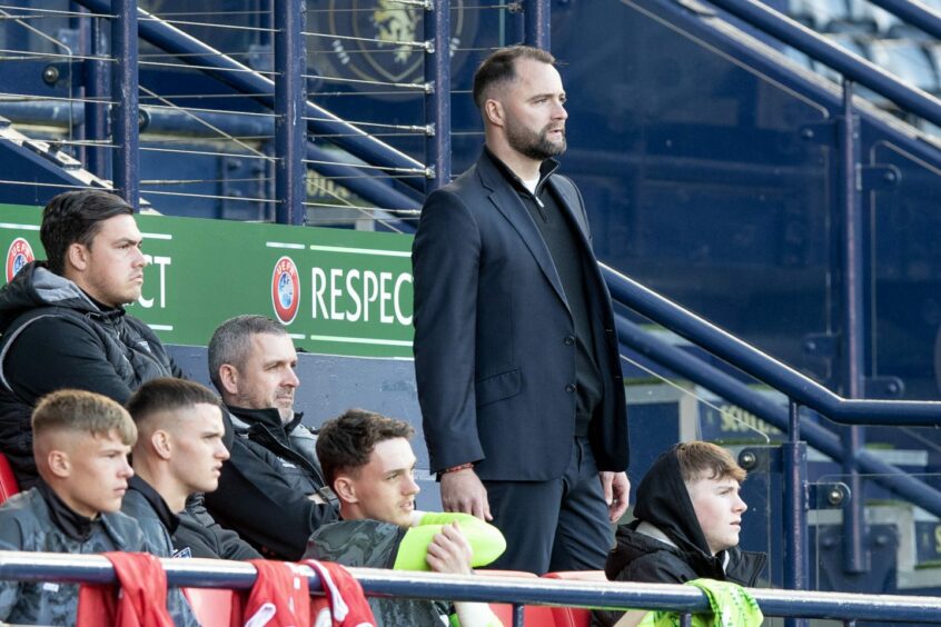 Dunfermline Athletic manager James McPake watches his side during their win over Queen's Park. Image: Craig Brown/DAFC.