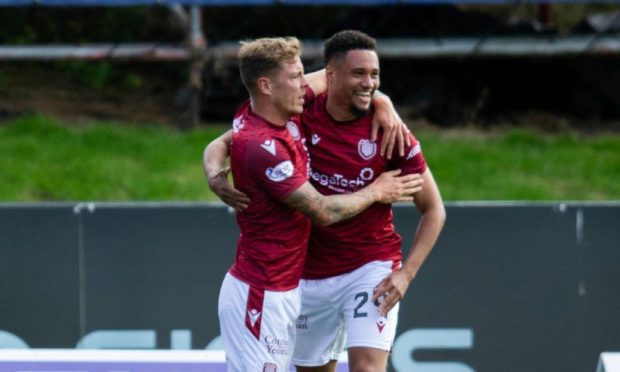 Jermaine Hylton celebrates his opener at Partick Thistle