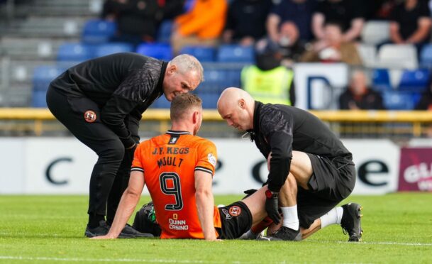 Dundee United striker Louis Moult after suffering a groin injury in Inverness