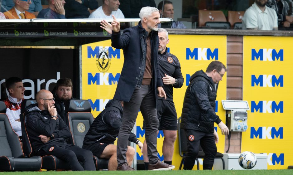 Dundee United manager Jim Goodwin patrols the touchline at Tannadice