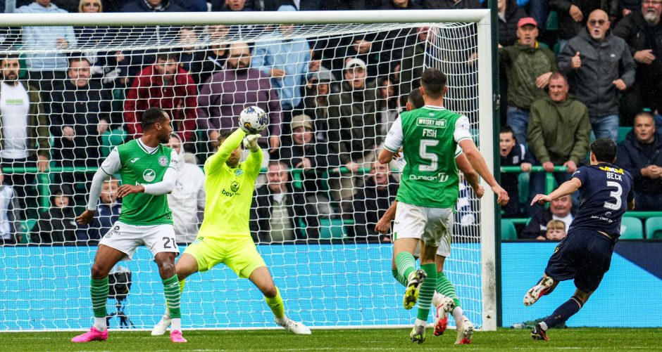 Dundee's Owen Beck is denied by David Marshall in the closing stages at Hibs. Image: SNS
