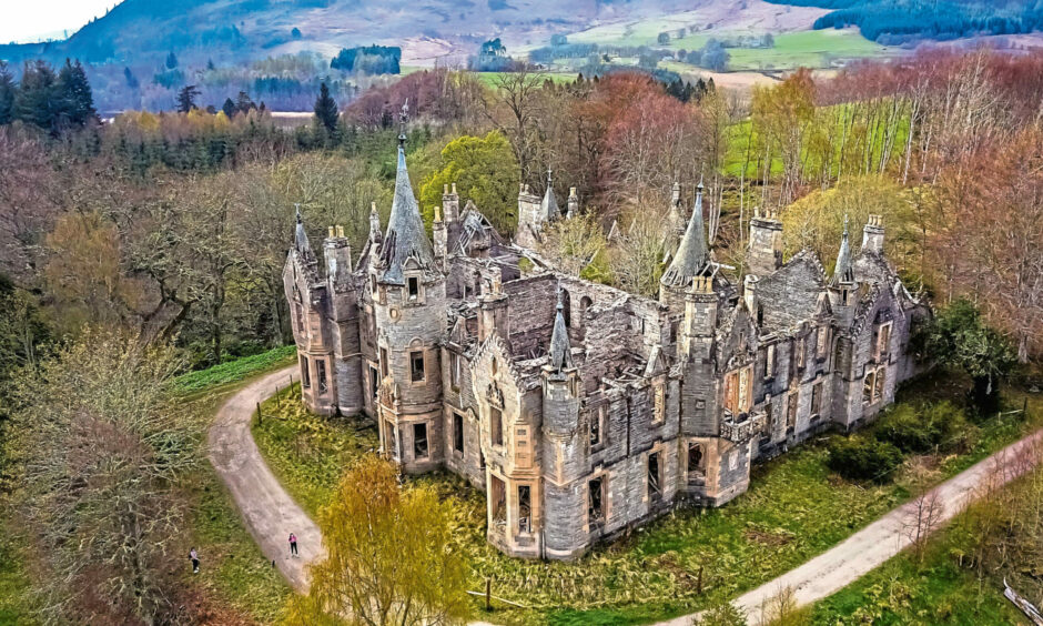 Abandoned Dunalastair Castle is around four miles from Kinloch Rannoch in Perthshire. Image: Shutterstock.