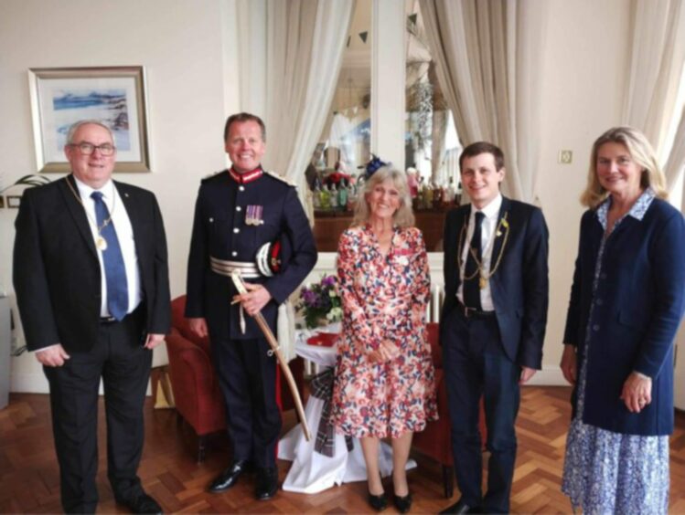 Bailie Chris Ahern, Lord-Lieutenant Stephen Leckie, Jess Smith, Provost Xander McDade and Deputy Lord-Lieutenant Sue Jardine-Paterson at the BEM presentation