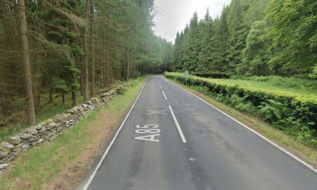 Police closed the A85, near Comrie. Image: Google maps