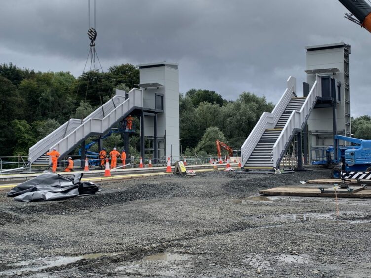 To go with story by Neil Henderson. Engineers installing the two staircases at Cameron Bridge station