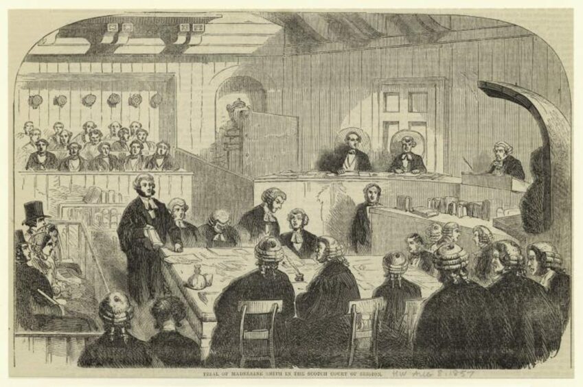 illustration shows investigators and legal professionals on Madeleine Smith case in Victorian Glasgow