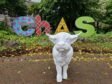 Unpainted cow sculpture outside CHAS hospice in Kinross