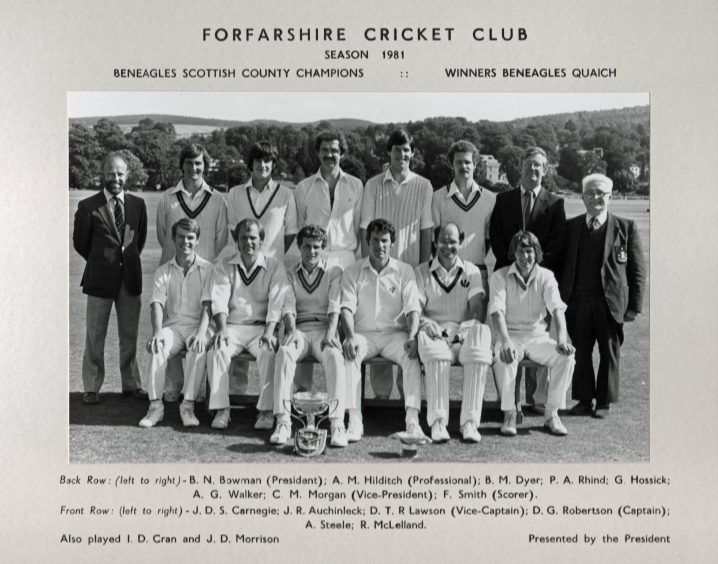 Alec Steele pictured with members of Forfarshire Cricket Club in 1981.