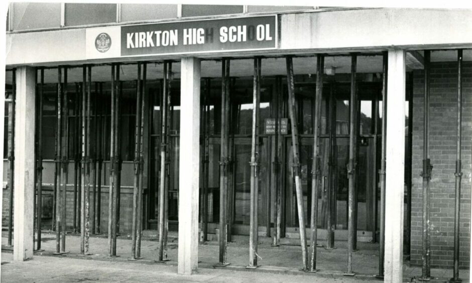 Scaffolding holding up the entrance to Kirkton High School in August 1974.