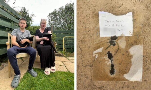 Fiona Raybone-Scott and son, Matthew with cats Nacho and Binx and the shrink wrapped cat poo threat.