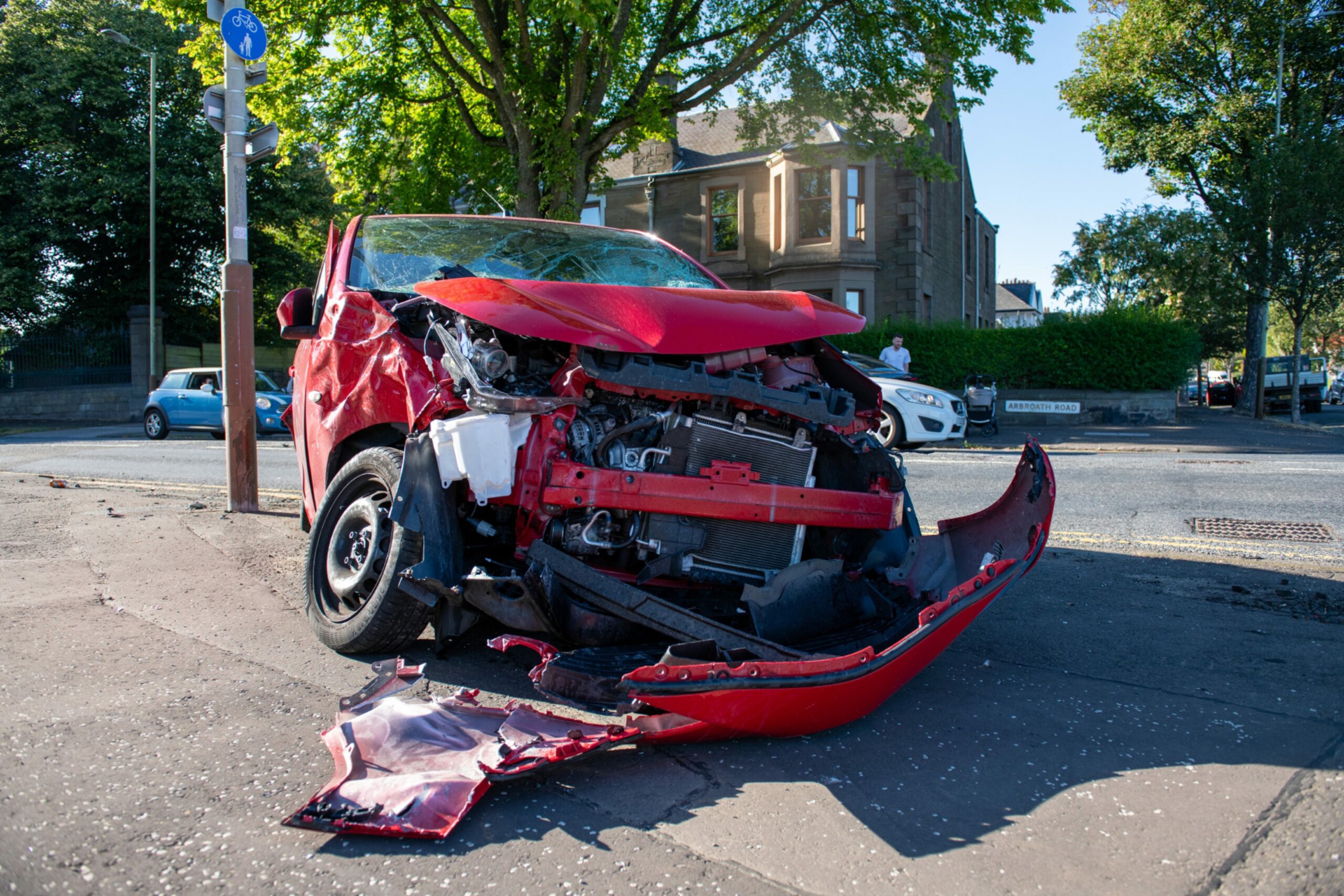 The red car involved in the crash