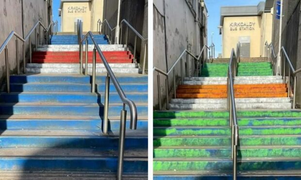 Steps in Kirkcaldy were vandalised in first Rangers and then Celtic colours. Image: Supplied.