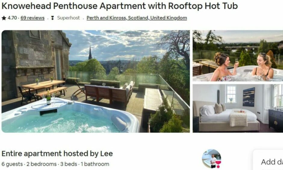 Airbnb listing for Knowehead Penthouse Apartment with Rooftop Hot Tub in Perth.